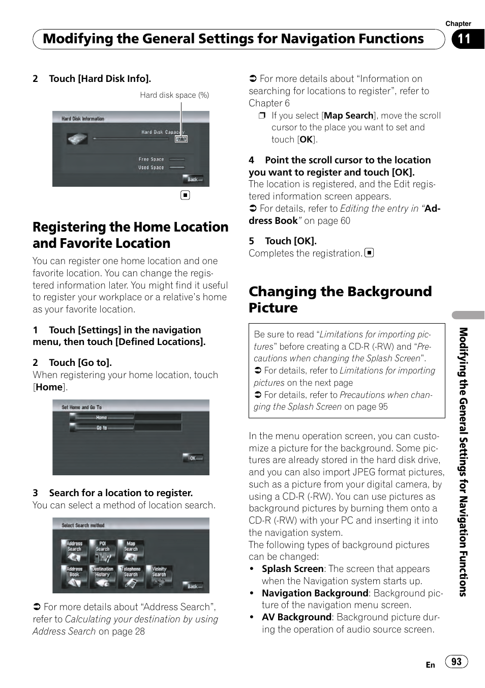 Registering the home location and favorite, Location, Changing the background picture | Pioneer AVIC-Z3 User Manual | Page 93 / 211