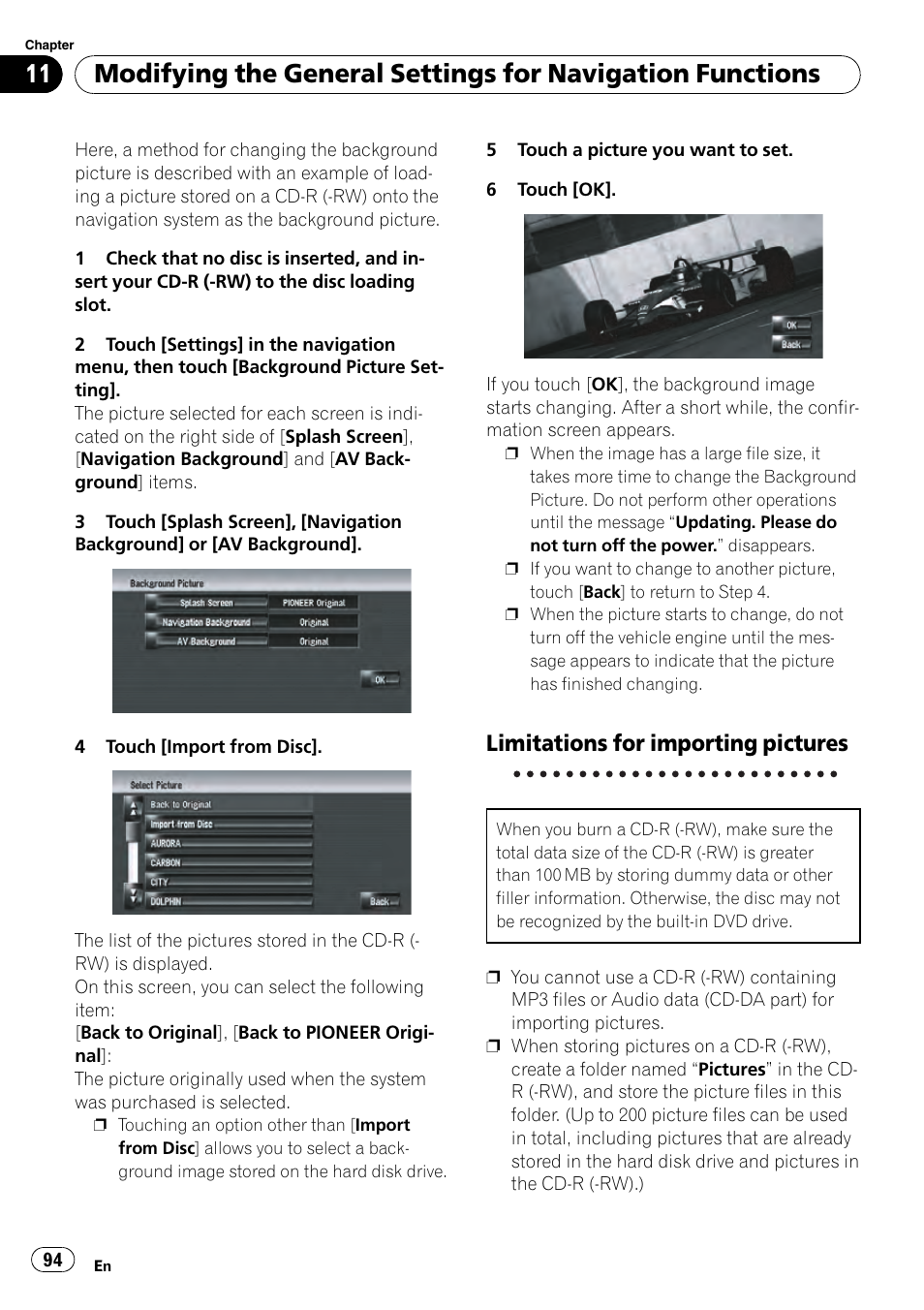 Limitations for importing pictures 94, Limitations for importing pic, Tures | Limitations for importing pictures | Pioneer AVIC-Z3 User Manual | Page 94 / 211