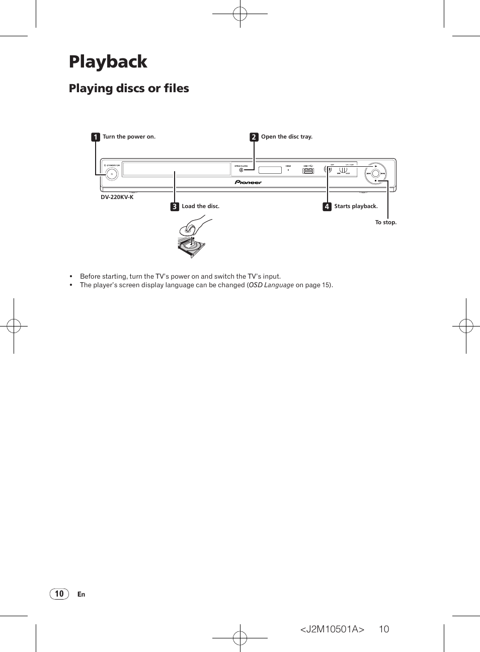 Playing discs or files, Playback | Pioneer DV-220KV-K User Manual | Page 10 / 27