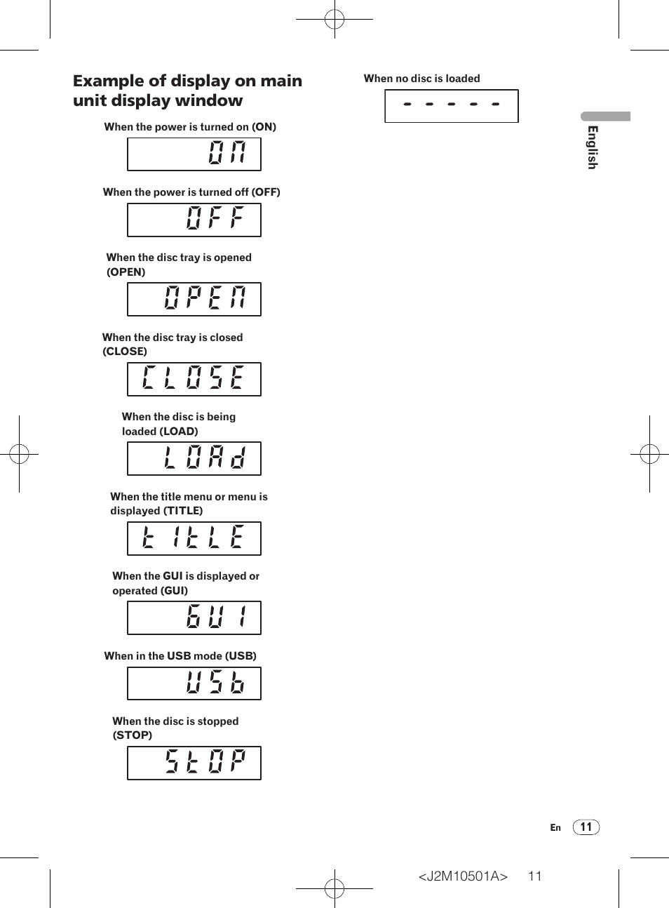 Example of display on main unit display window, English | Pioneer DV-220KV-K User Manual | Page 11 / 27