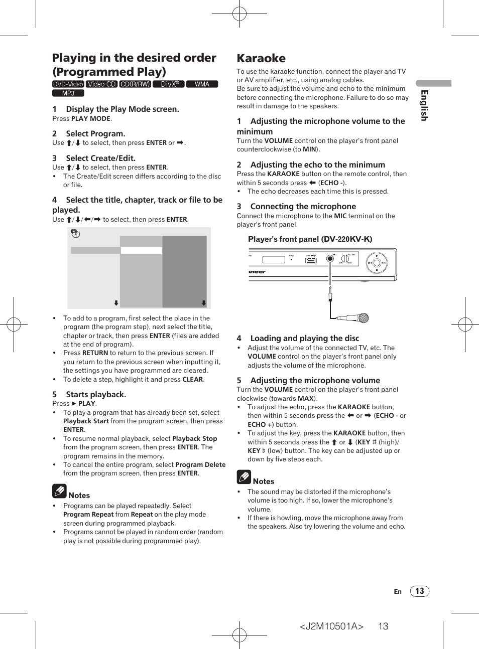 Playing in the desired order (programmed play), Karaoke, English | 1 display the play mode screen, 2 select program, 3 select create/edit, 5 starts playback, 1 adjusting the microphone volume to the minimum, 2 adjusting the echo to the minimum, 3 connecting the microphone | Pioneer DV-220KV-K User Manual | Page 13 / 27