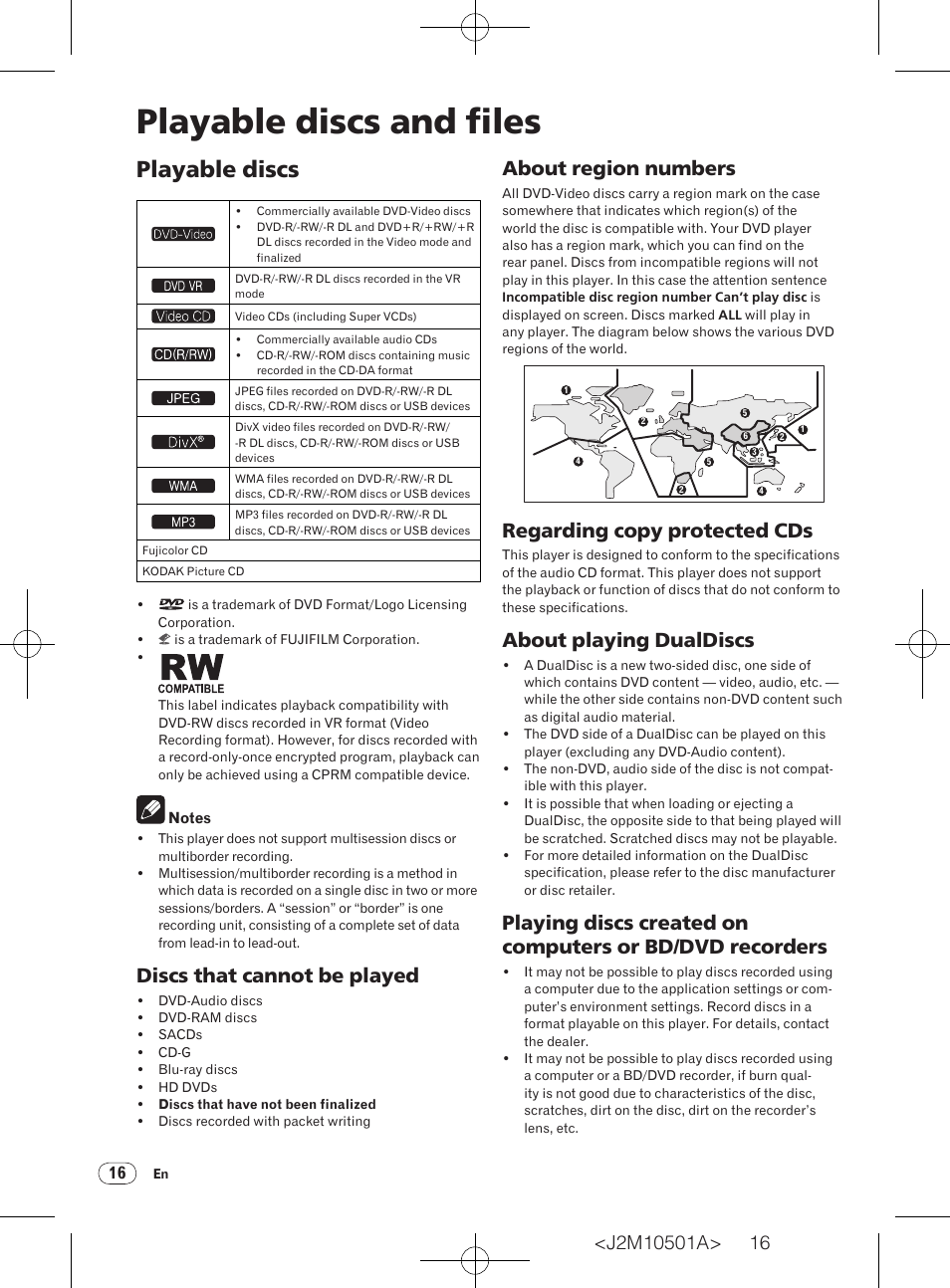 Playable discs, Playable discs and files, Discs that cannot be played | About region numbers, Regarding copy protected cds, About playing dualdiscs | Pioneer DV-220KV-K User Manual | Page 16 / 27