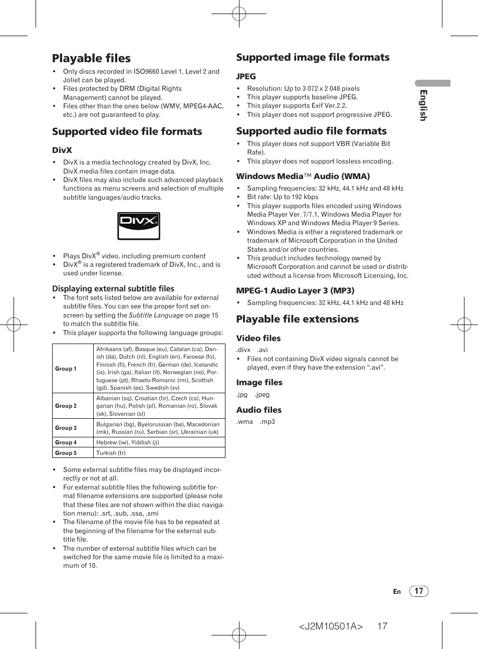 Playable files, Supported video file formats, Supported image file formats | Supported audio file formats, Playable file extensions, English | Pioneer DV-220KV-K User Manual | Page 17 / 27