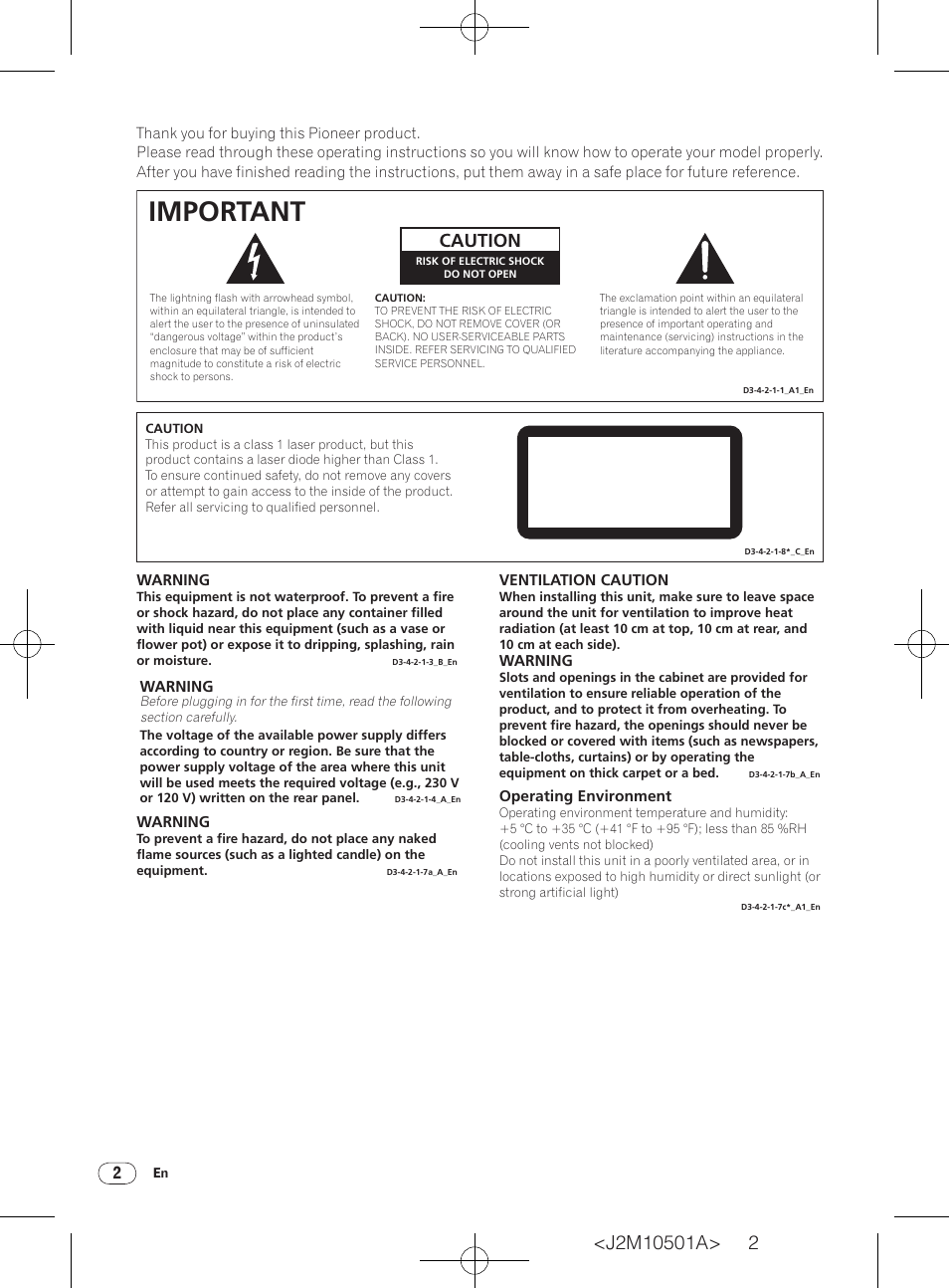 Important, Class 1 laser product, Caution | Pioneer DV-220KV-K User Manual | Page 2 / 27