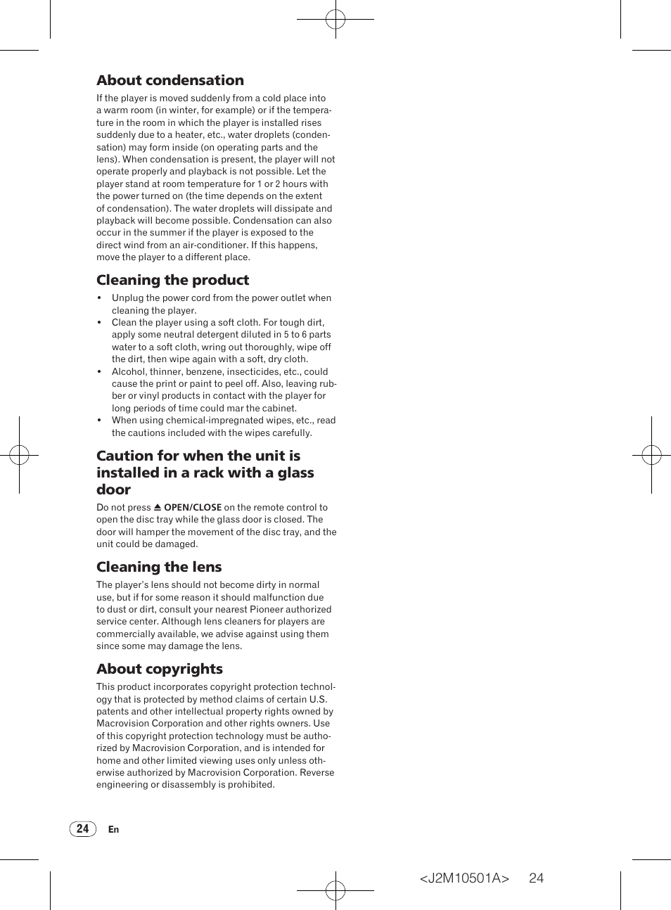 About condensation, Cleaning the product, Cleaning the lens | About copyrights | Pioneer DV-220KV-K User Manual | Page 24 / 27