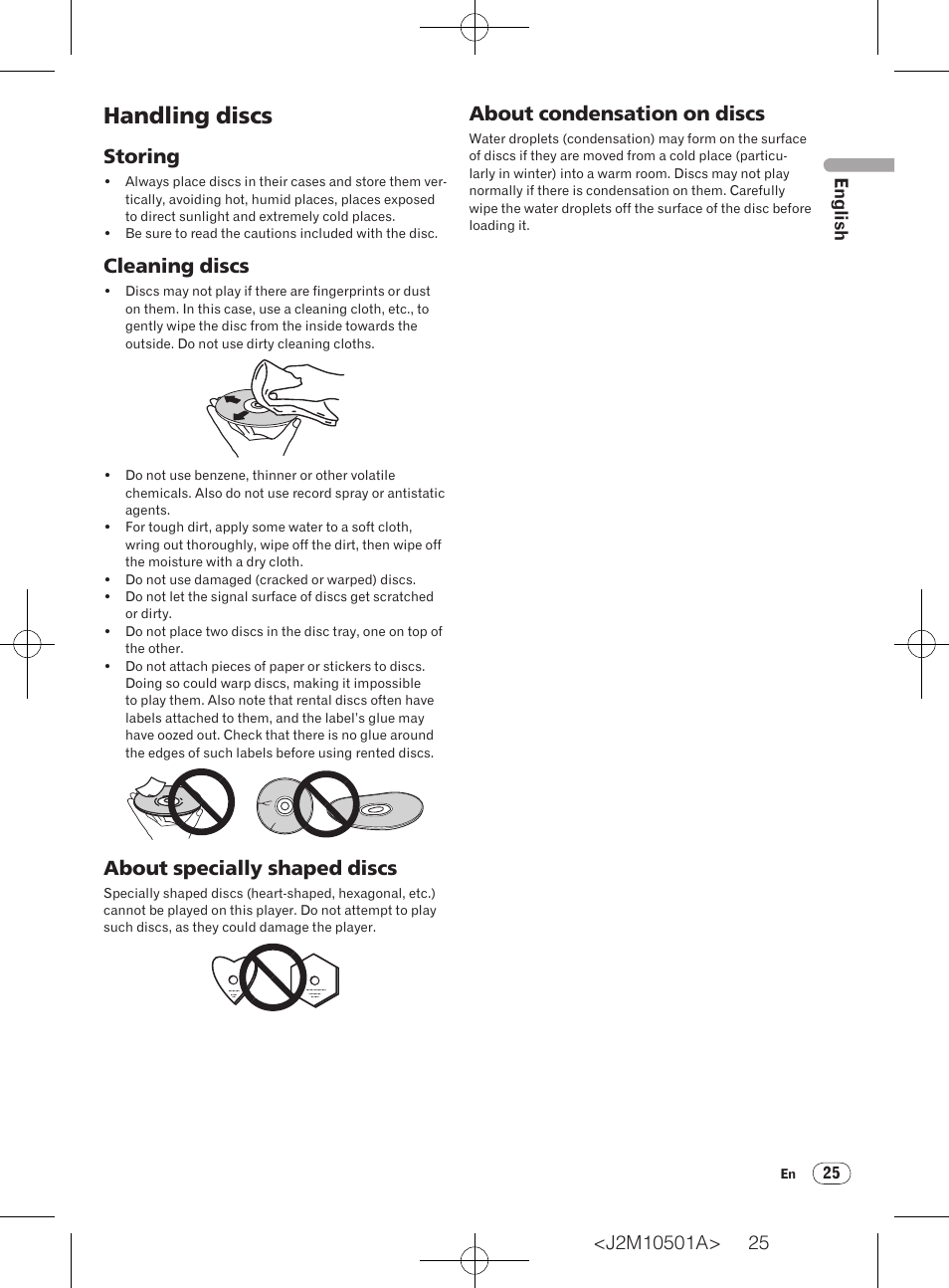 Handling discs, Storing, Cleaning discs | About specially shaped discs, About condensation on discs | Pioneer DV-220KV-K User Manual | Page 25 / 27