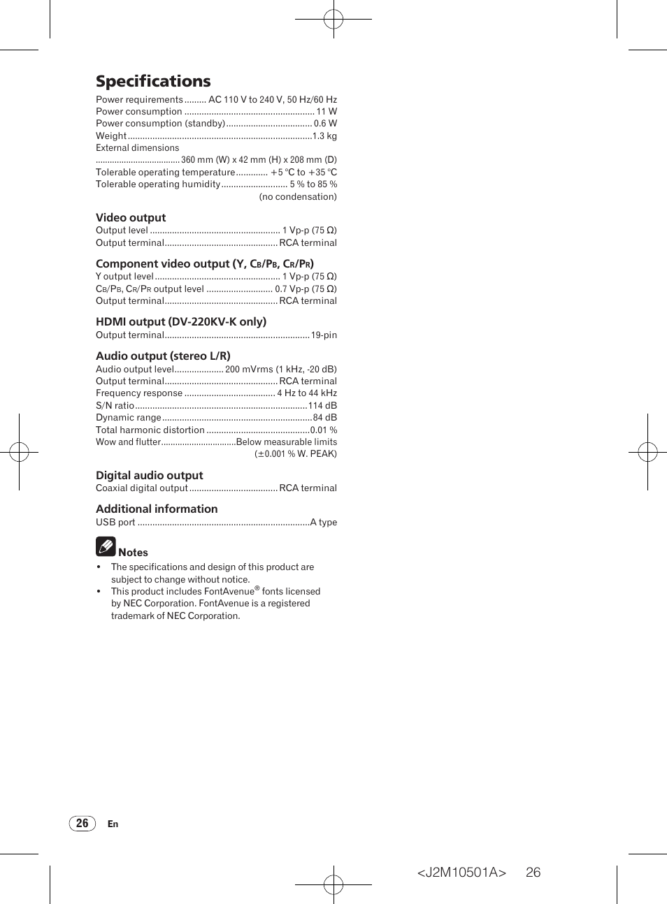 Specifications | Pioneer DV-220KV-K User Manual | Page 26 / 27