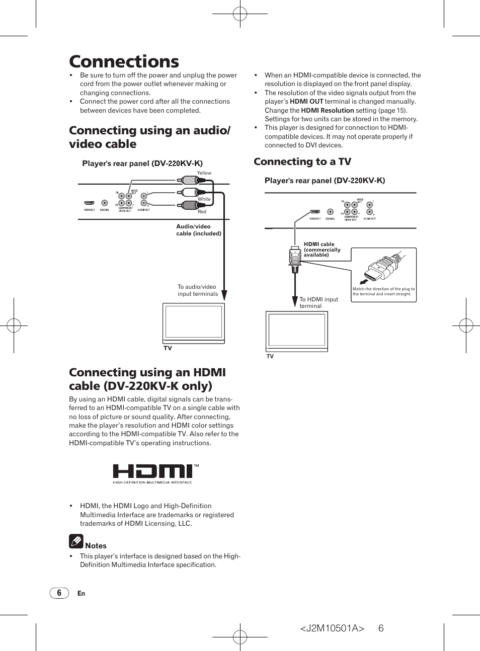 Connections, Connecting using an audio/ video cable, Connecting using an hdmi cable (dv-220kv-k only) | Connecting to a tv | Pioneer DV-220KV-K User Manual | Page 6 / 27