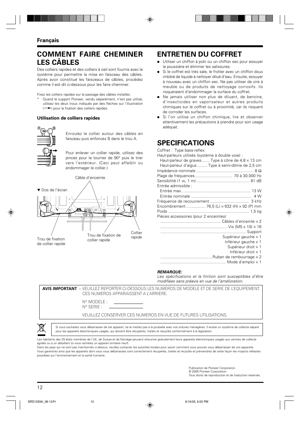 Entretien du coffret, Specifications, Comment faire cheminer les câbles | Français | Pioneer PDP-S37 User Manual | Page 12 / 38