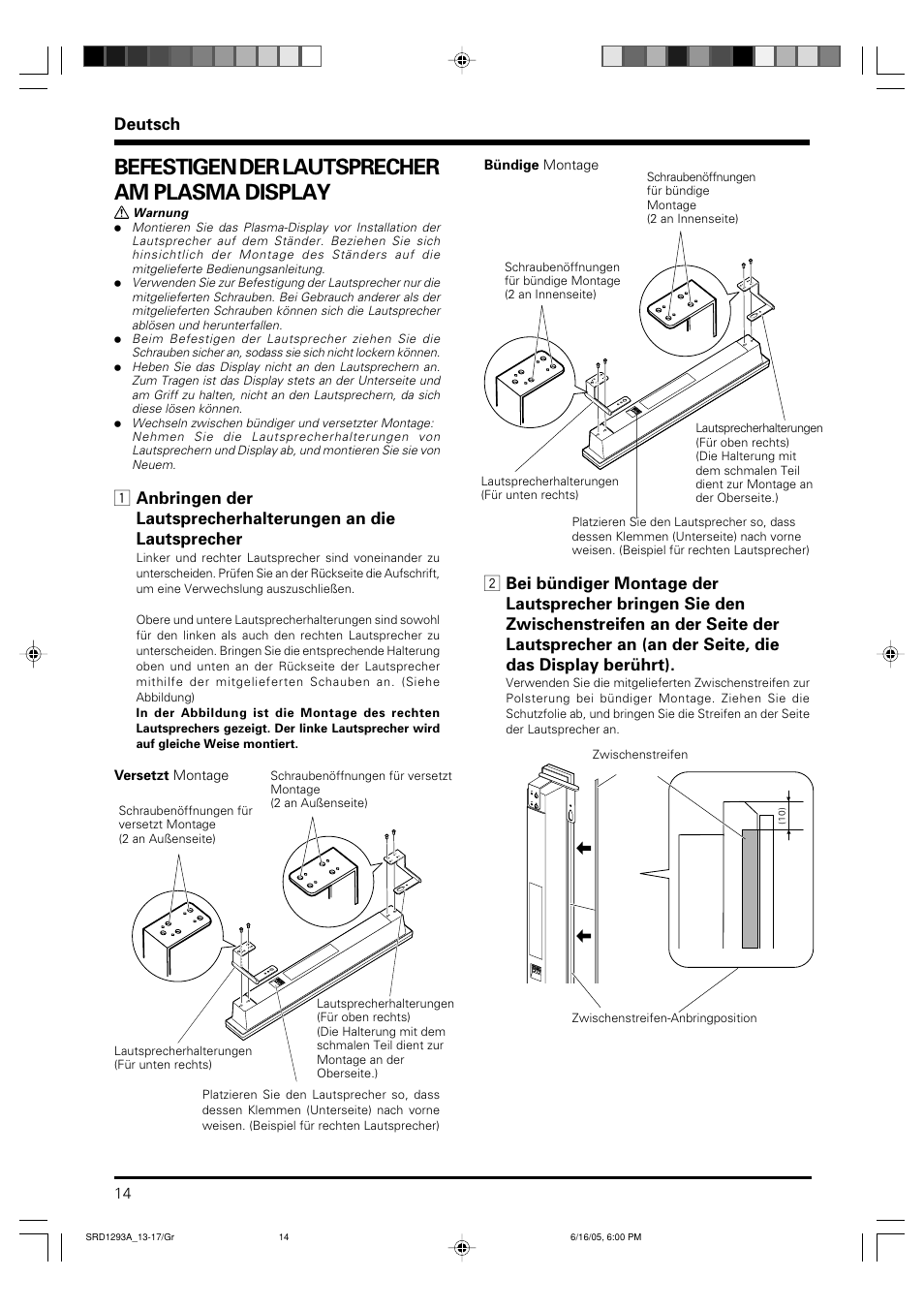 Befestigen der lautsprecher am plasma display, Deutsch | Pioneer PDP-S37 User Manual | Page 14 / 38