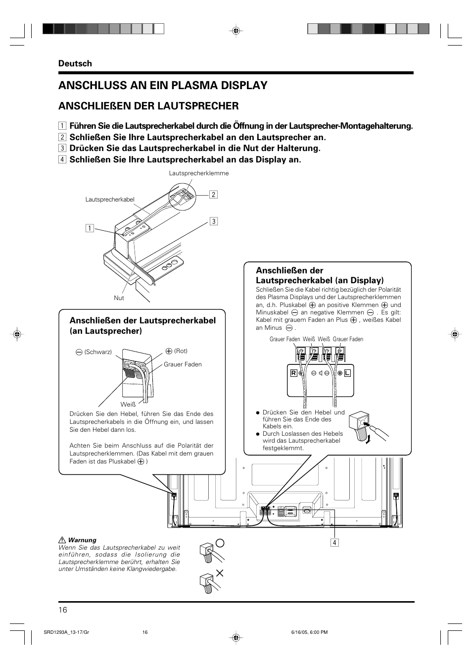 Anschluss an ein plasma display, Anschließen der lautsprecher, Deutsch | Anschließen der lautsprecherkabel (an display) | Pioneer PDP-S37 User Manual | Page 16 / 38