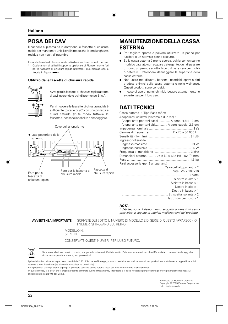 Posa dei cav, Manutenzione della cassa esterna, Dati tecnici | Italiano | Pioneer PDP-S37 User Manual | Page 22 / 38