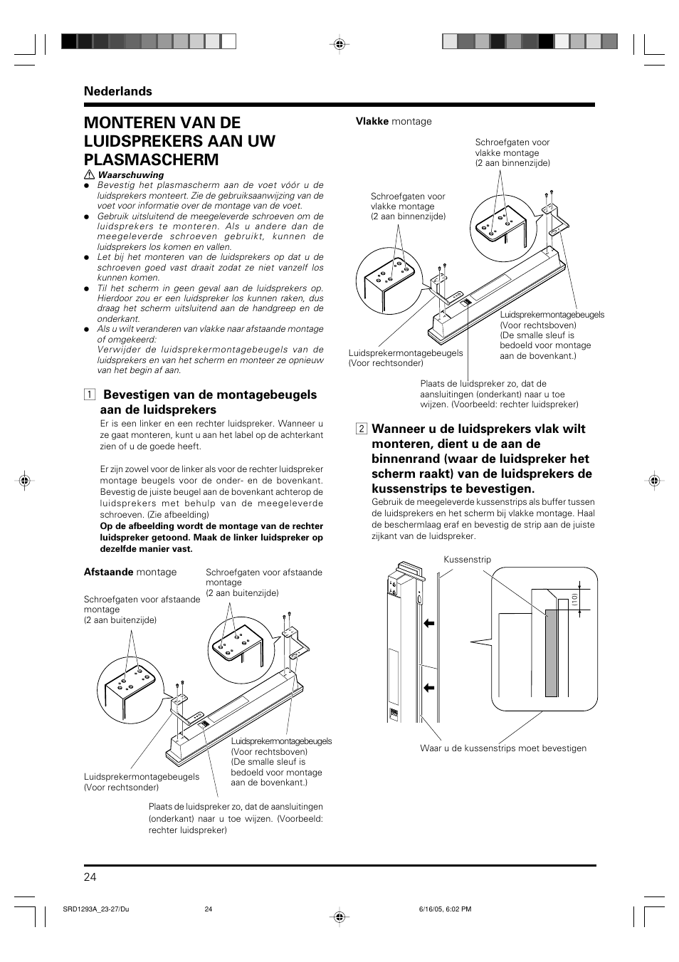Monteren van de luidsprekers aan uw plasmascherm, Nederlands | Pioneer PDP-S37 User Manual | Page 24 / 38