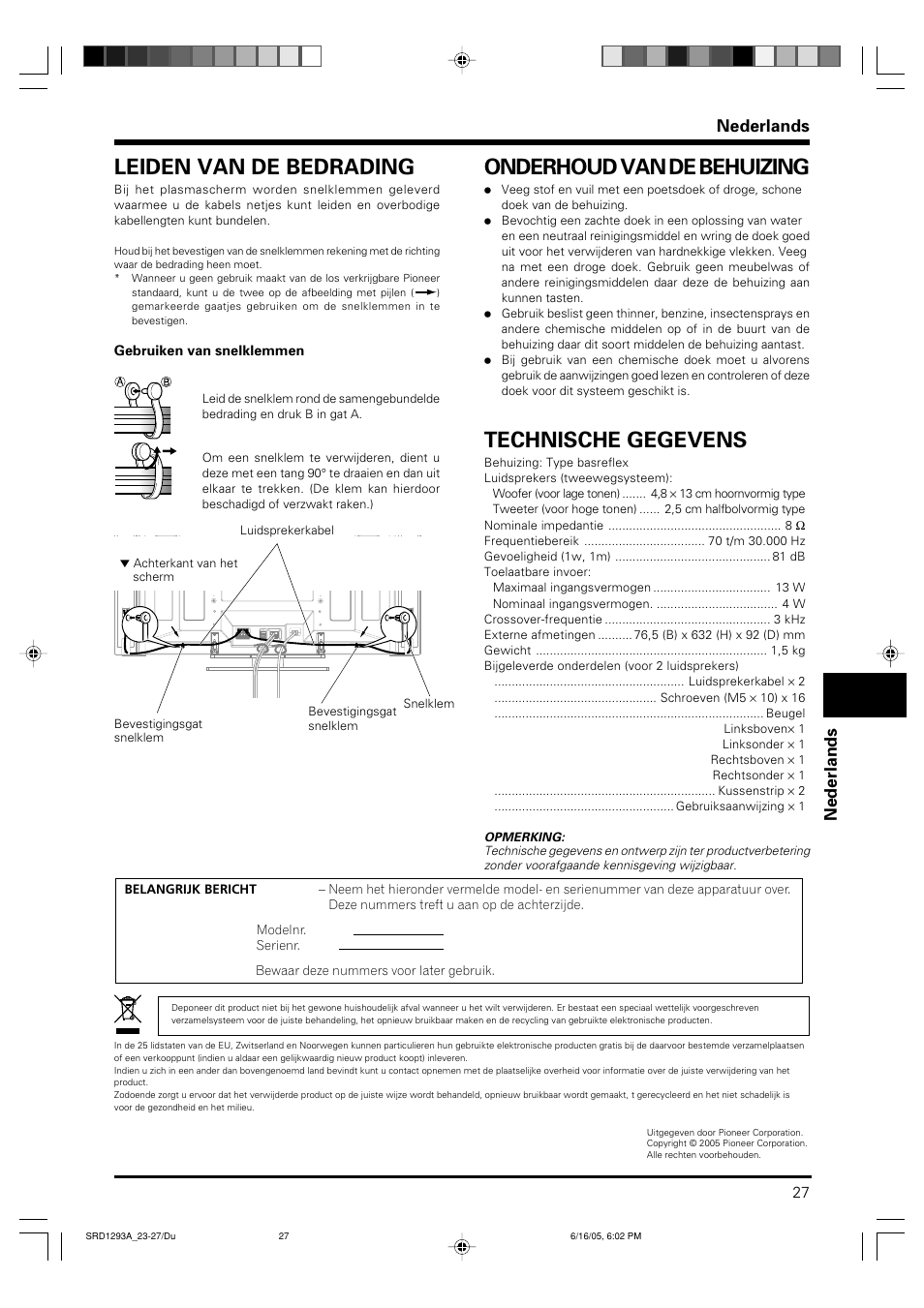 Onderhoud van de behuizing, Technische gegevens, Leiden van de bedrading | Nederlands | Pioneer PDP-S37 User Manual | Page 27 / 38