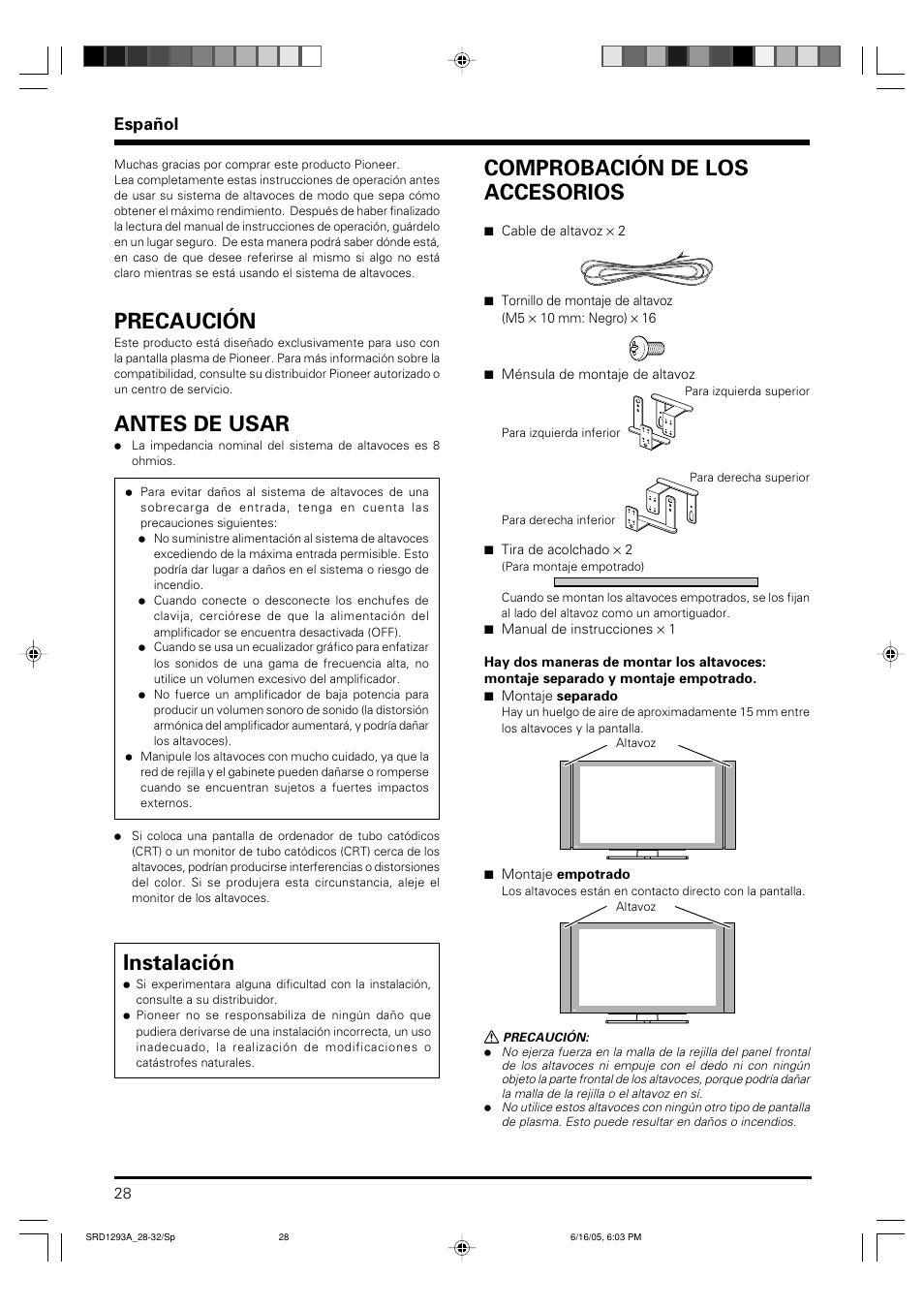 Manual de instrucciones, Precaución, Antes de usar | Instalación, Comprobación de los accesorios, Español | Pioneer PDP-S37 User Manual | Page 28 / 38