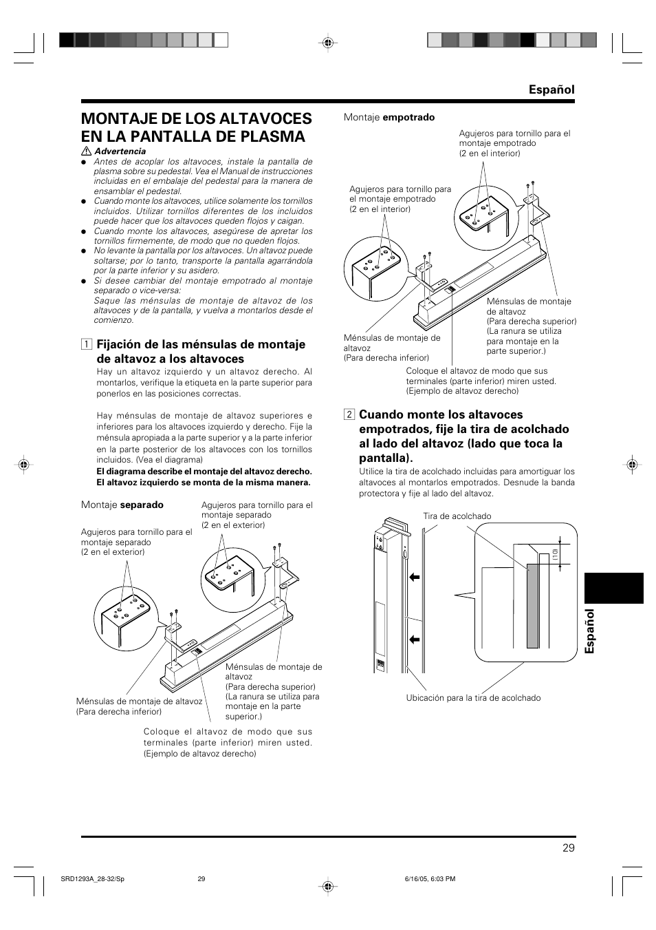 Montaje de los altavoces en la pantalla de plasma, Español | Pioneer PDP-S37 User Manual | Page 29 / 38