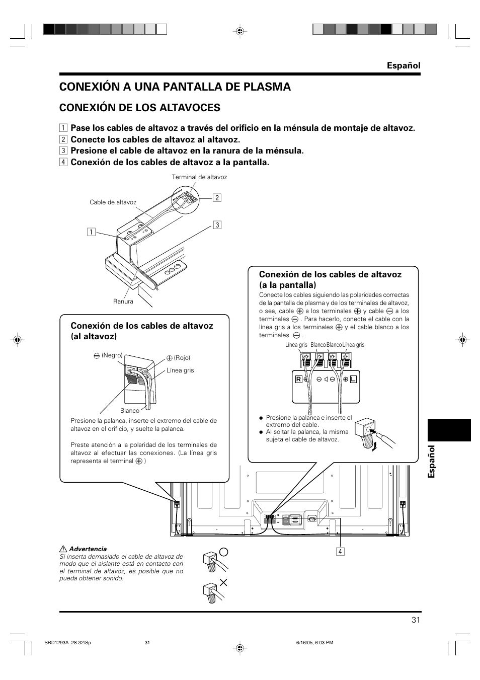 Conexión a una pantalla de plasma, Conexión de los altavoces, Español | Conexión de los cables de altavoz (a la pantalla) | Pioneer PDP-S37 User Manual | Page 31 / 38