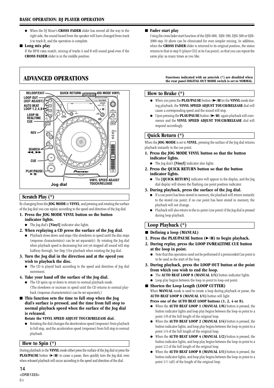 Advanced operations, Loop playback (*), Scratch play (*) | Quick return (*), How to brake (*), How to spin (*) | Pioneer CDJ-800 User Manual | Page 14 / 20