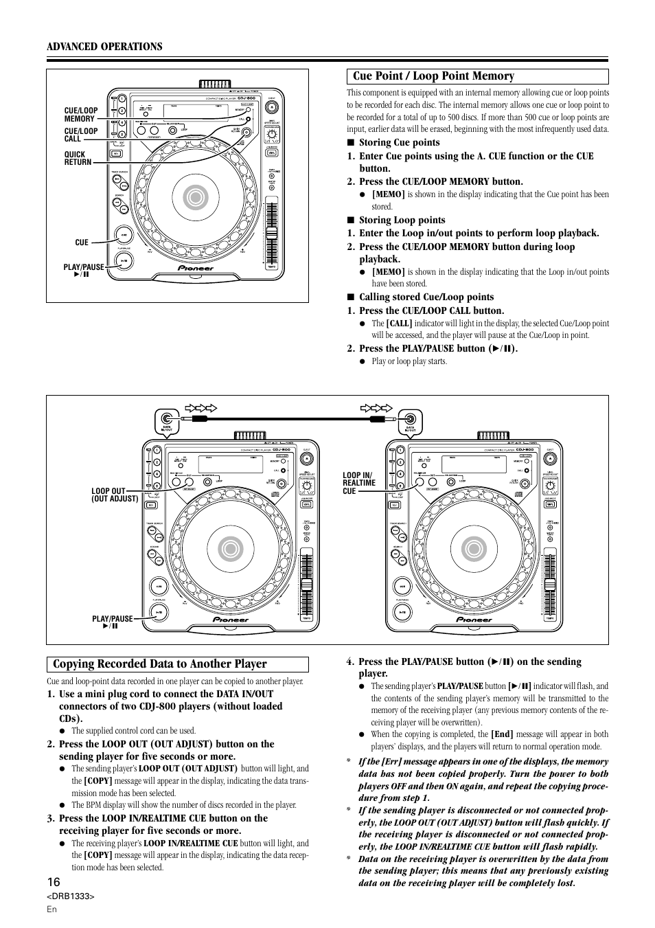 Copying recorded data to another player | Pioneer CDJ-800 User Manual | Page 16 / 20