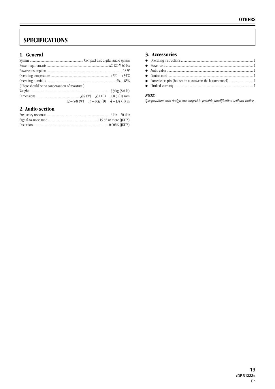 Specifications, General, Accessories | Pioneer CDJ-800 User Manual | Page 19 / 20