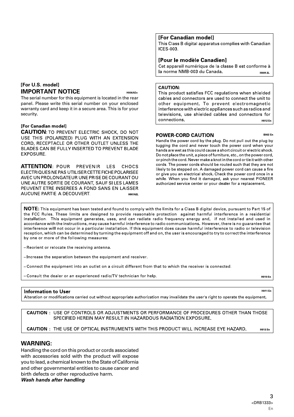 Important notice, Warning | Pioneer CDJ-800 User Manual | Page 3 / 20