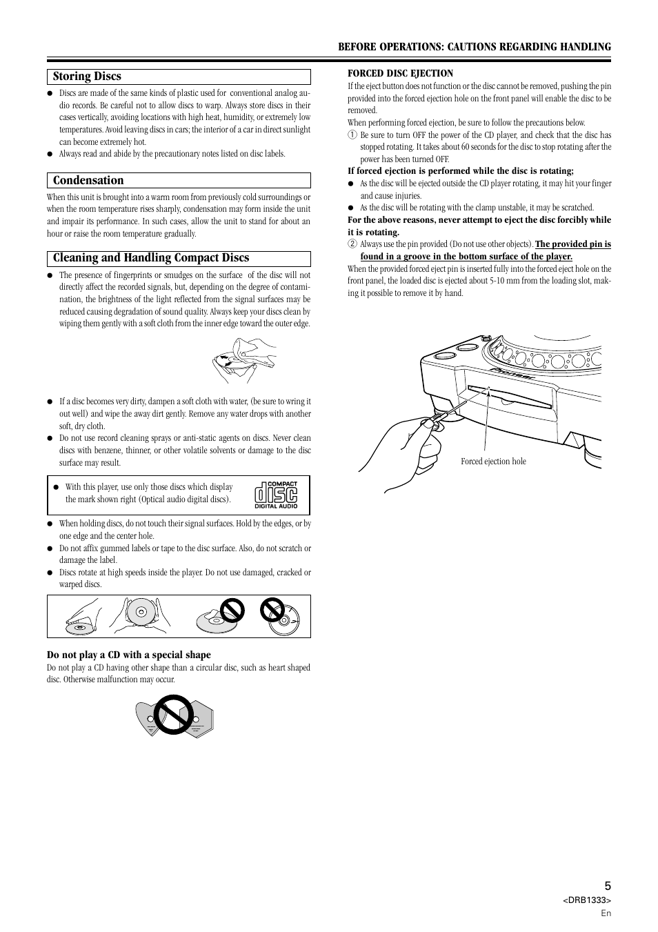 Storing discs, Condensation, Cleaning and handling compact discs | Pioneer CDJ-800 User Manual | Page 5 / 20