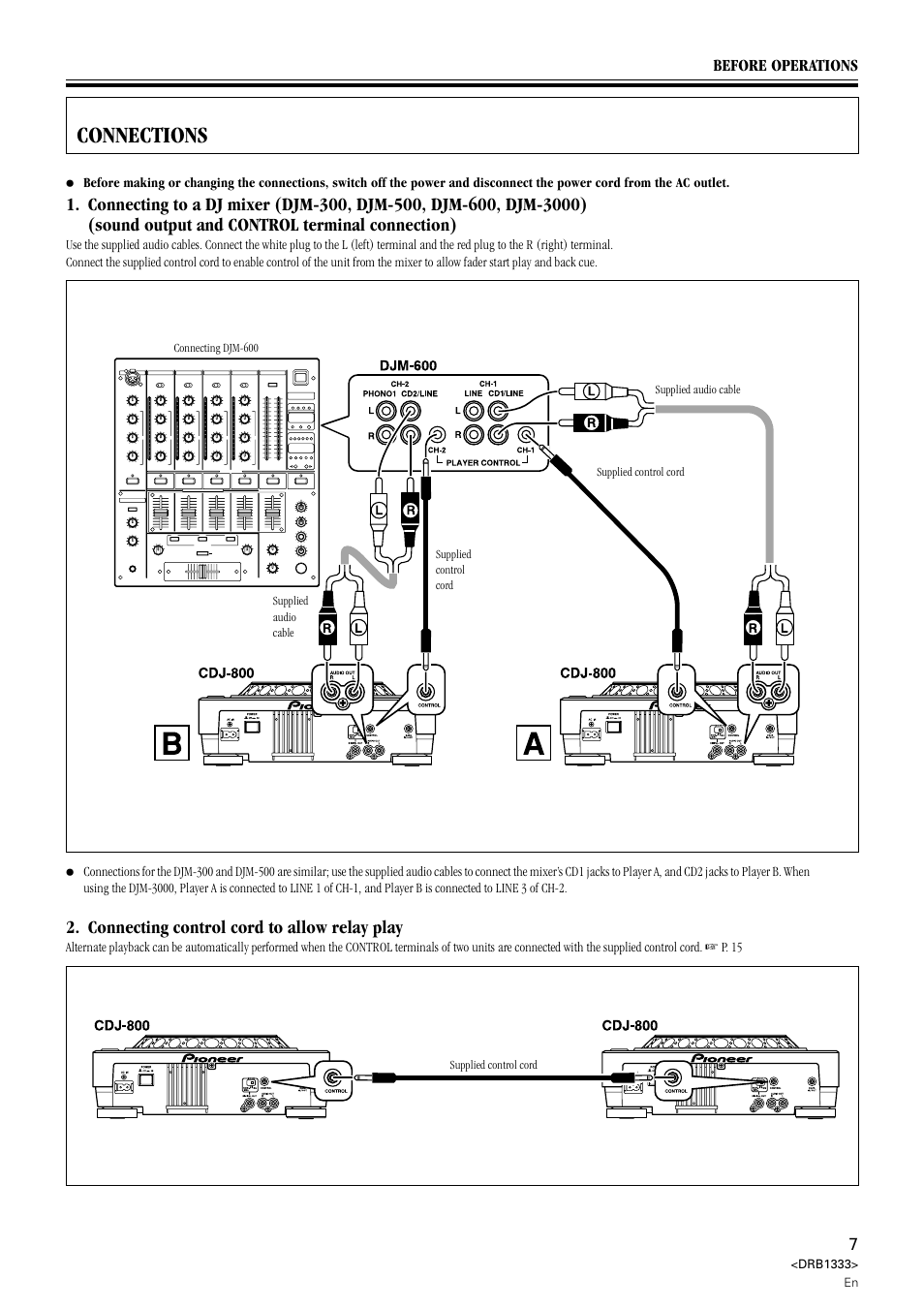 Connections, Connecting control cord to allow relay play | Pioneer CDJ-800 User Manual | Page 7 / 20