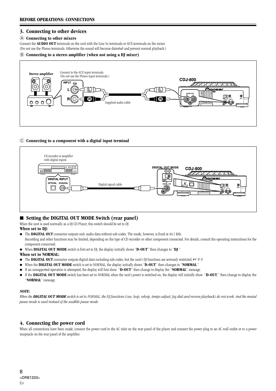 7 setting the digital out mode switch (rear panel), Connecting the power cord, Connecting to other devices | Pioneer CDJ-800 User Manual | Page 8 / 20