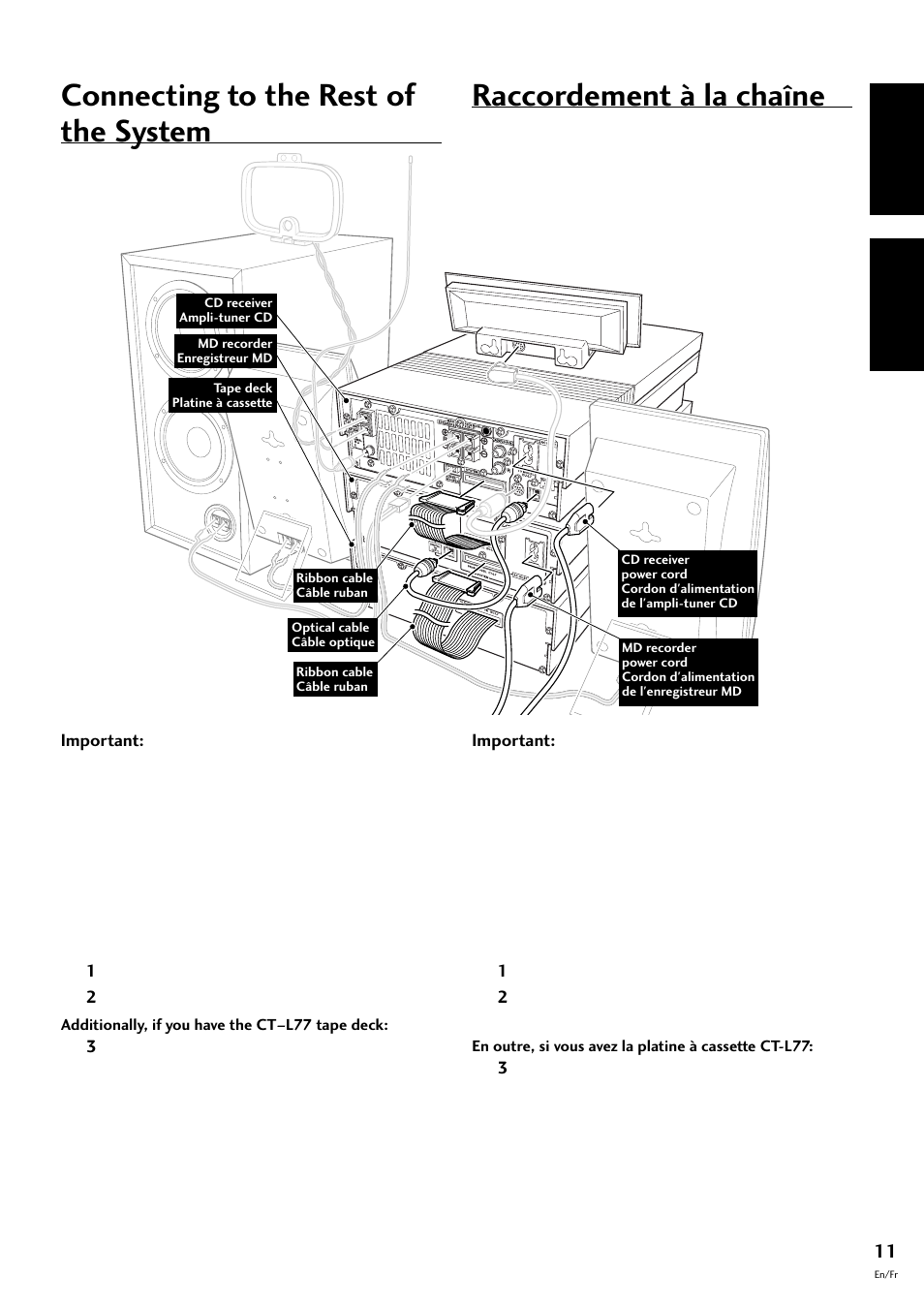 Connecting to the rest of the system, Raccordement à la chaîne, 2 connecting up | English français | Pioneer MJ-L77 User Manual | Page 11 / 100