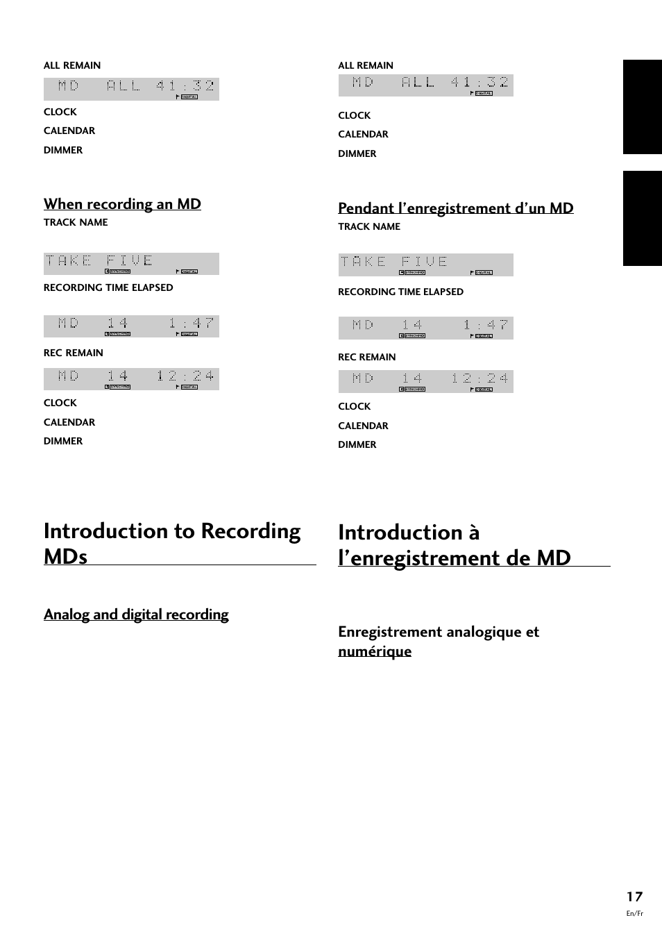 Introduction to recording mds, Introduction à l’enregistrement de md, English français | Analog and digital recording, When recording an md, Pendant l’enregistrement d’un md, Enregistrement analogique et numérique | Pioneer MJ-L77 User Manual | Page 17 / 100