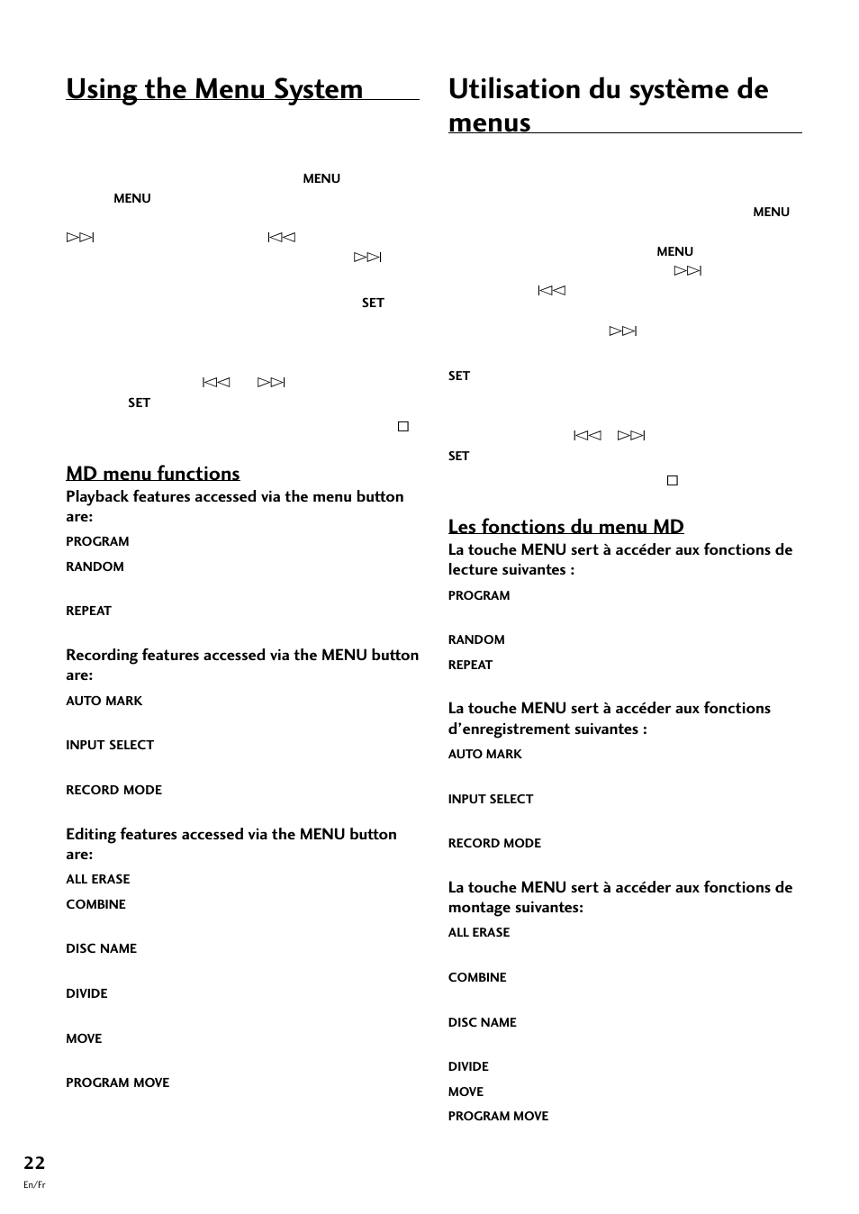 Using the menu system, Utilisation du système de menus, Md menu functions | Les fonctions du menu md | Pioneer MJ-L77 User Manual | Page 22 / 100