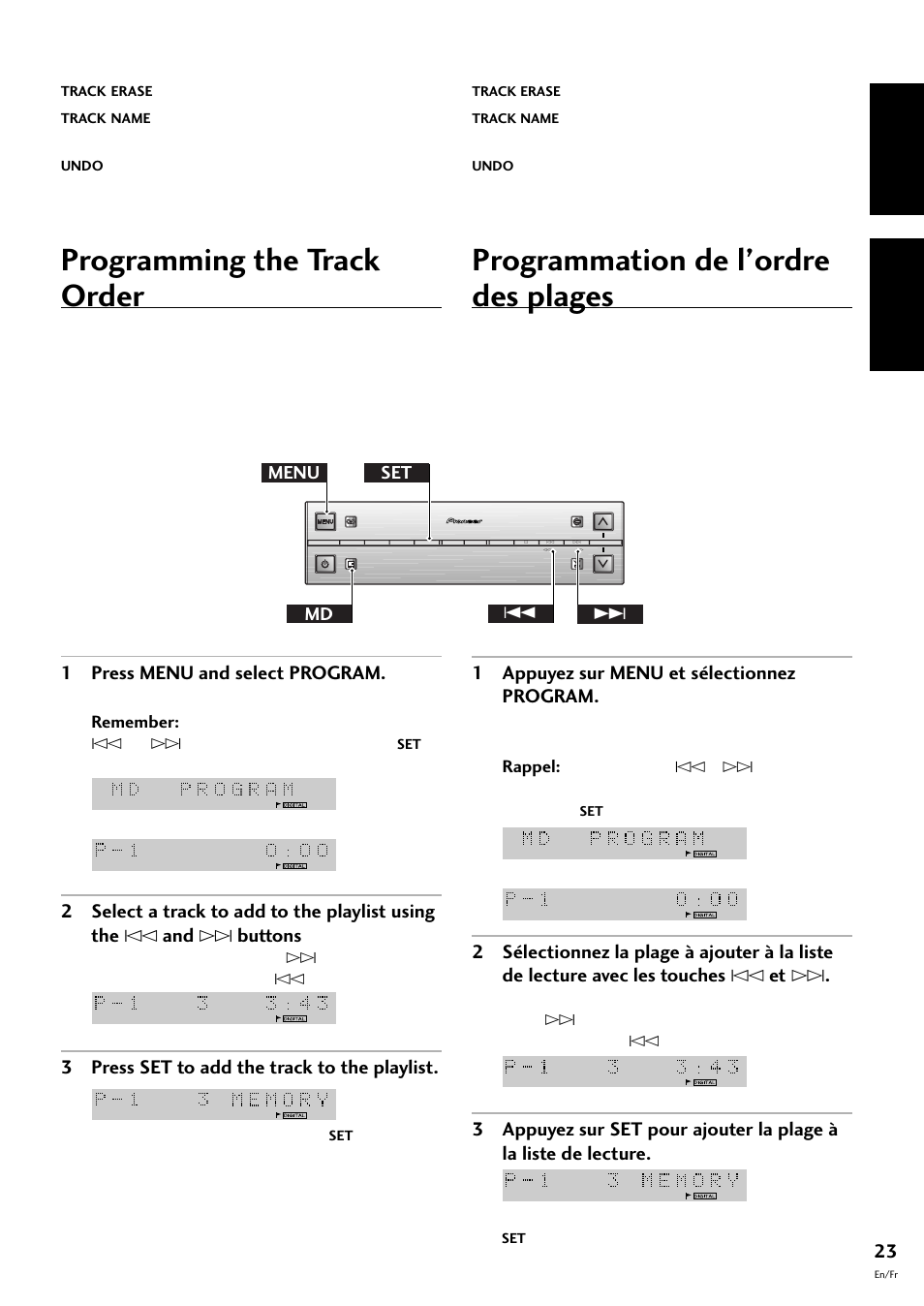 Programming the track order, Programmation de l’ordre des plages, English français | 1 press menu and select program, 3 press set to add the track to the playlist, 1 appuyez sur menu et sélectionnez program, Menu md set 4 | Pioneer MJ-L77 User Manual | Page 23 / 100