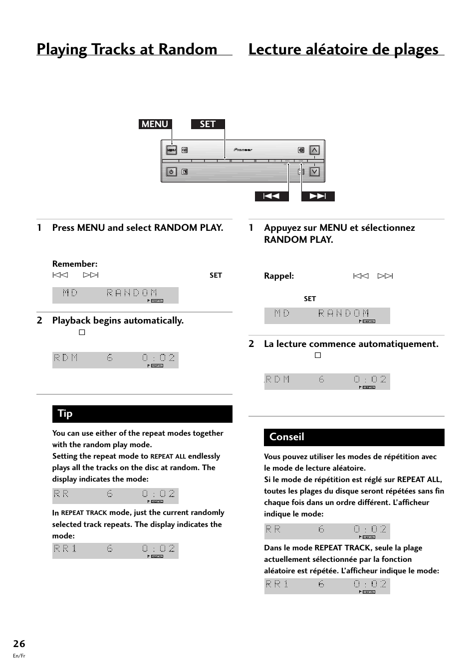 Playing tracks at random, Lecture aléatoire de plages, Conseil | 1 press menu and select random play, 2 playback begins automatically, 1 appuyez sur menu et sélectionnez random play, 2 la lecture commence automatiquement, Menu set 4 | Pioneer MJ-L77 User Manual | Page 26 / 100