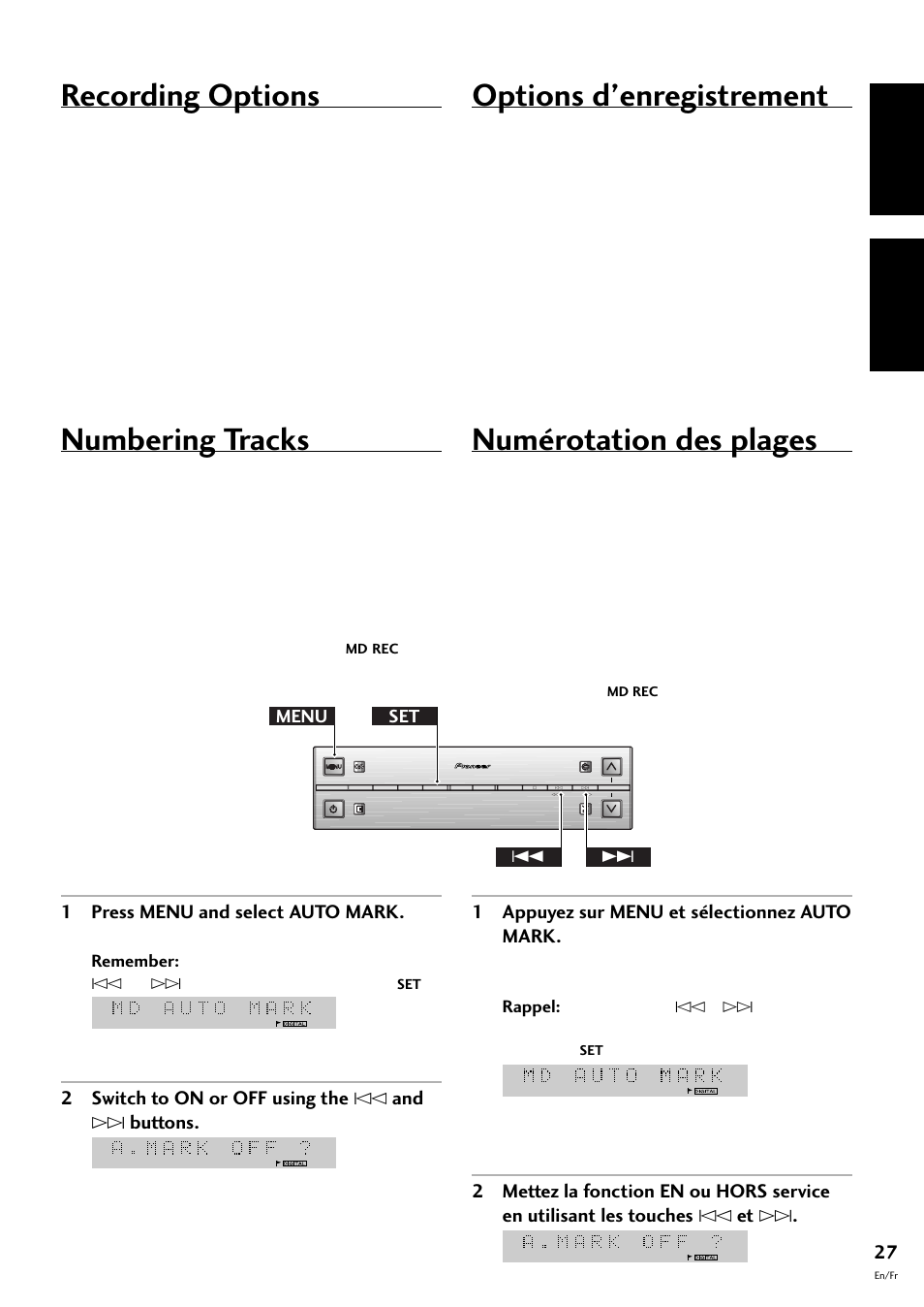 Recording options numbering tracks, Options d’enregistrement numérotation des plages, Recording options | Numbering tracks, Options d’enregistrement, Numérotation des plages, English français, 1 press menu and select auto mark, 2 switch to on or off using the $ and › buttons, 1 appuyez sur menu et sélectionnez auto mark | Pioneer MJ-L77 User Manual | Page 27 / 100