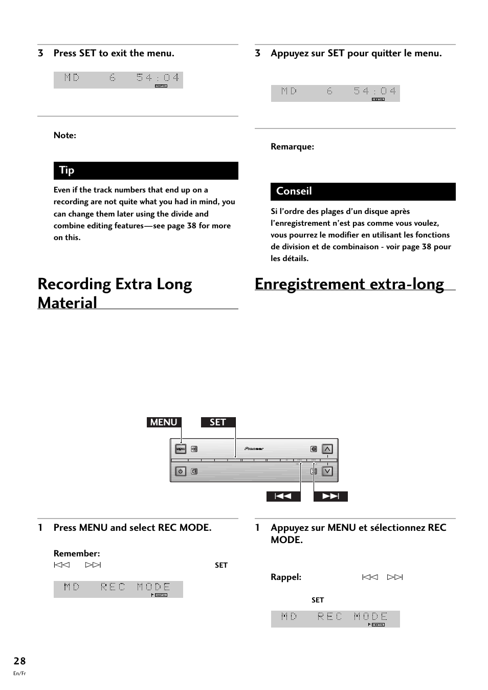 Recording extra long material, Enregistrement extra-long, Conseil | 1 press menu and select rec mode, 3 press set to exit the menu, 3 appuyez sur set pour quitter le menu, 1 appuyez sur menu et sélectionnez rec mode, Menu set 4 | Pioneer MJ-L77 User Manual | Page 28 / 100