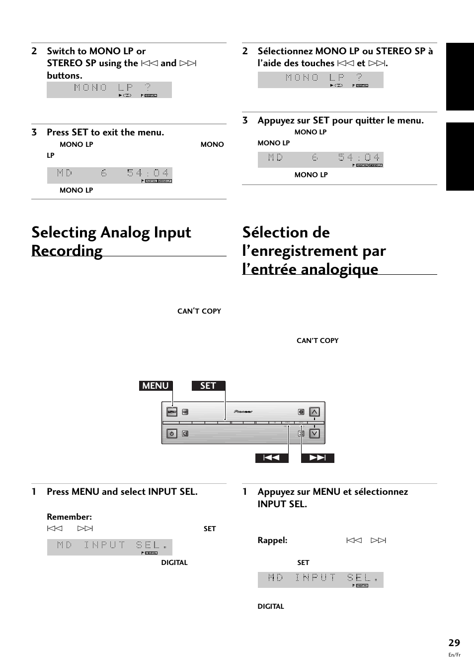 Selecting analog input recording, English français, 1 press menu and select input sel | 1 appuyez sur menu et sélectionnez input sel, Menu set 4 | Pioneer MJ-L77 User Manual | Page 29 / 100