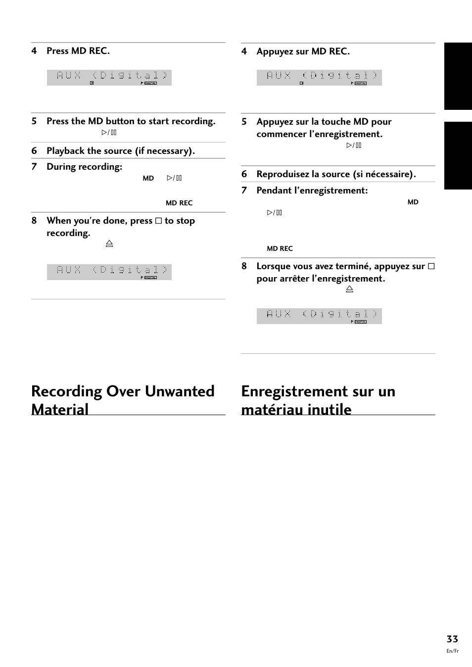 Recording over unwanted material, Enregistrement sur un matériau inutile, English français | Pioneer MJ-L77 User Manual | Page 33 / 100