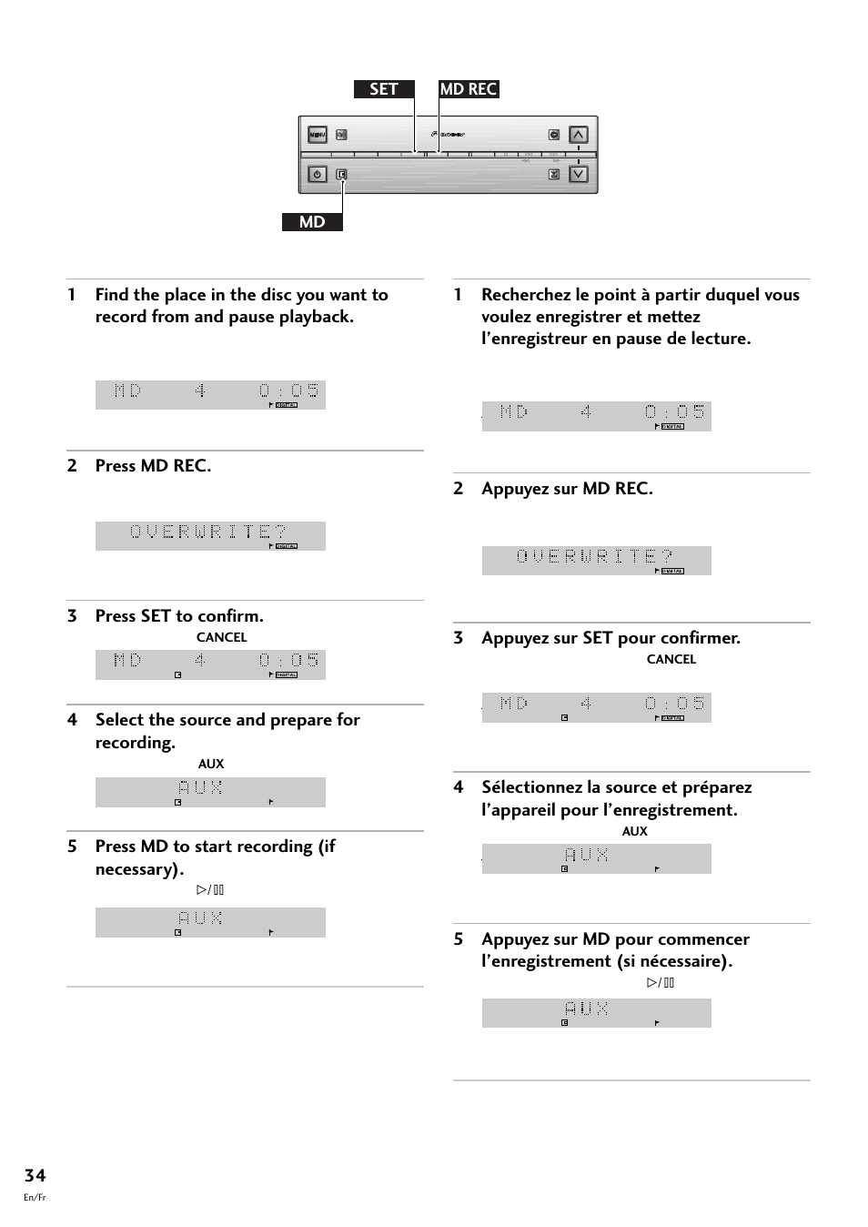 2 press md rec, 3 press set to confirm, 4 select the source and prepare for recording | 5 press md to start recording (if necessary), 2 appuyez sur md rec, 3 appuyez sur set pour confirmer, Md rec md set | Pioneer MJ-L77 User Manual | Page 34 / 100