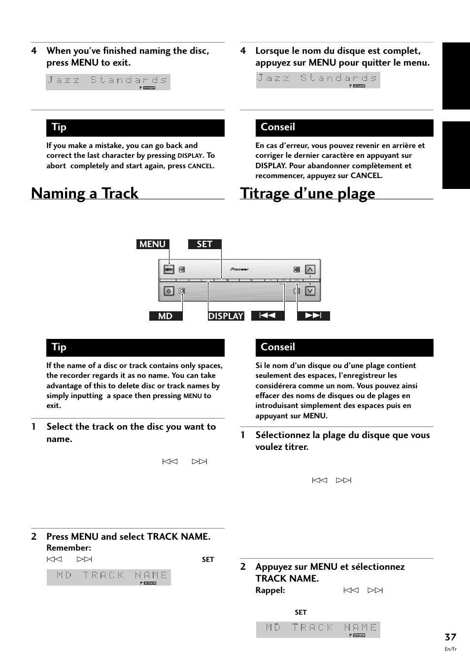 Naming a track, Titrage d’une plage, English français | Conseil, 1 select the track on the disc you want to name, 2 press menu and select track name, 2 appuyez sur menu et sélectionnez track name, Menu set 4 ¢ md display | Pioneer MJ-L77 User Manual | Page 37 / 100