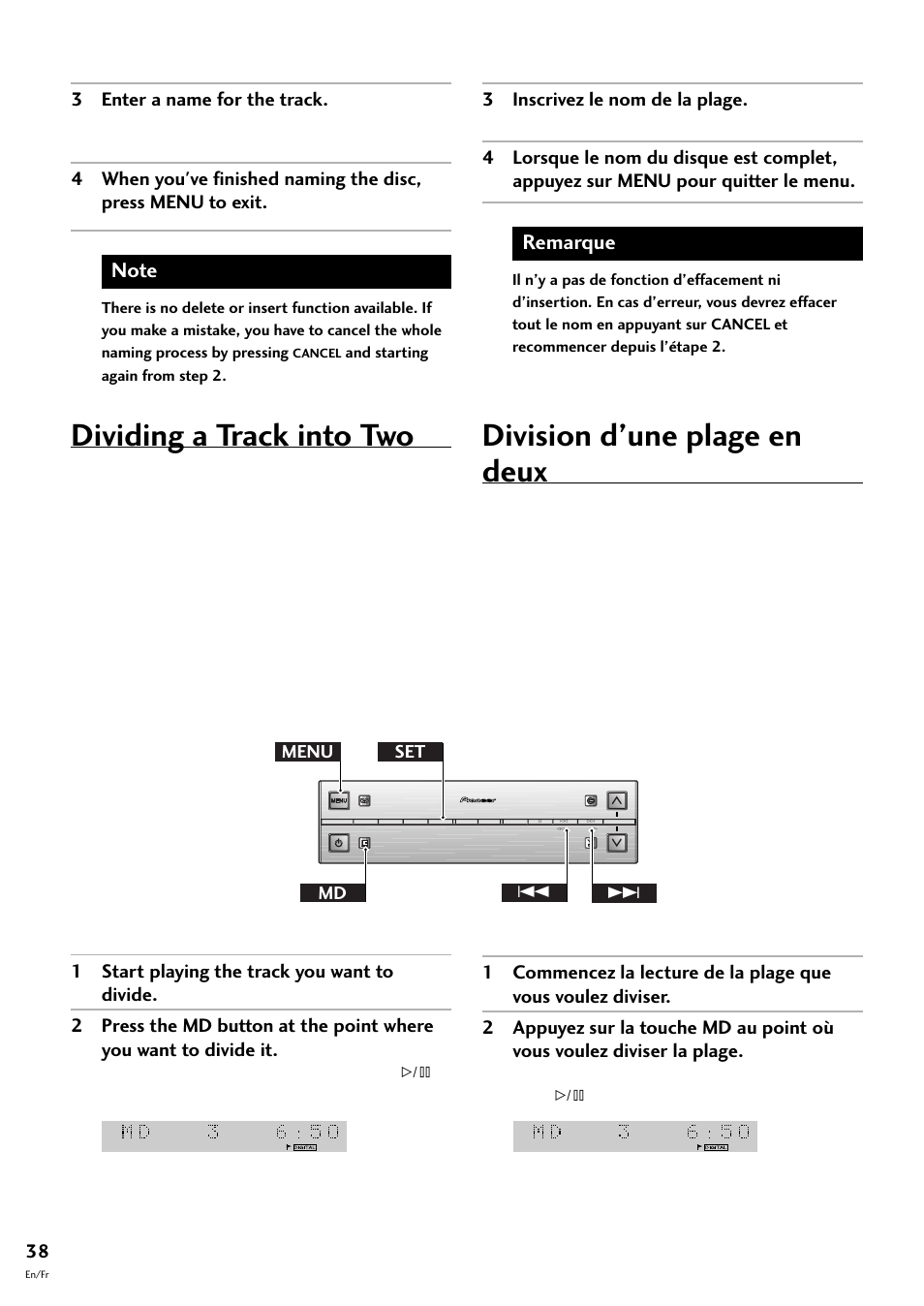 Dividing a track into two, Division d’une plage en deux, Remarque | 3 enter a name for the track, Menu md set 4 | Pioneer MJ-L77 User Manual | Page 38 / 100