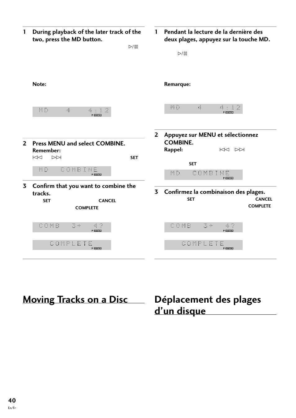 Moving tracks on a disc, Déplacement des plages d’un disque | Pioneer MJ-L77 User Manual | Page 40 / 100