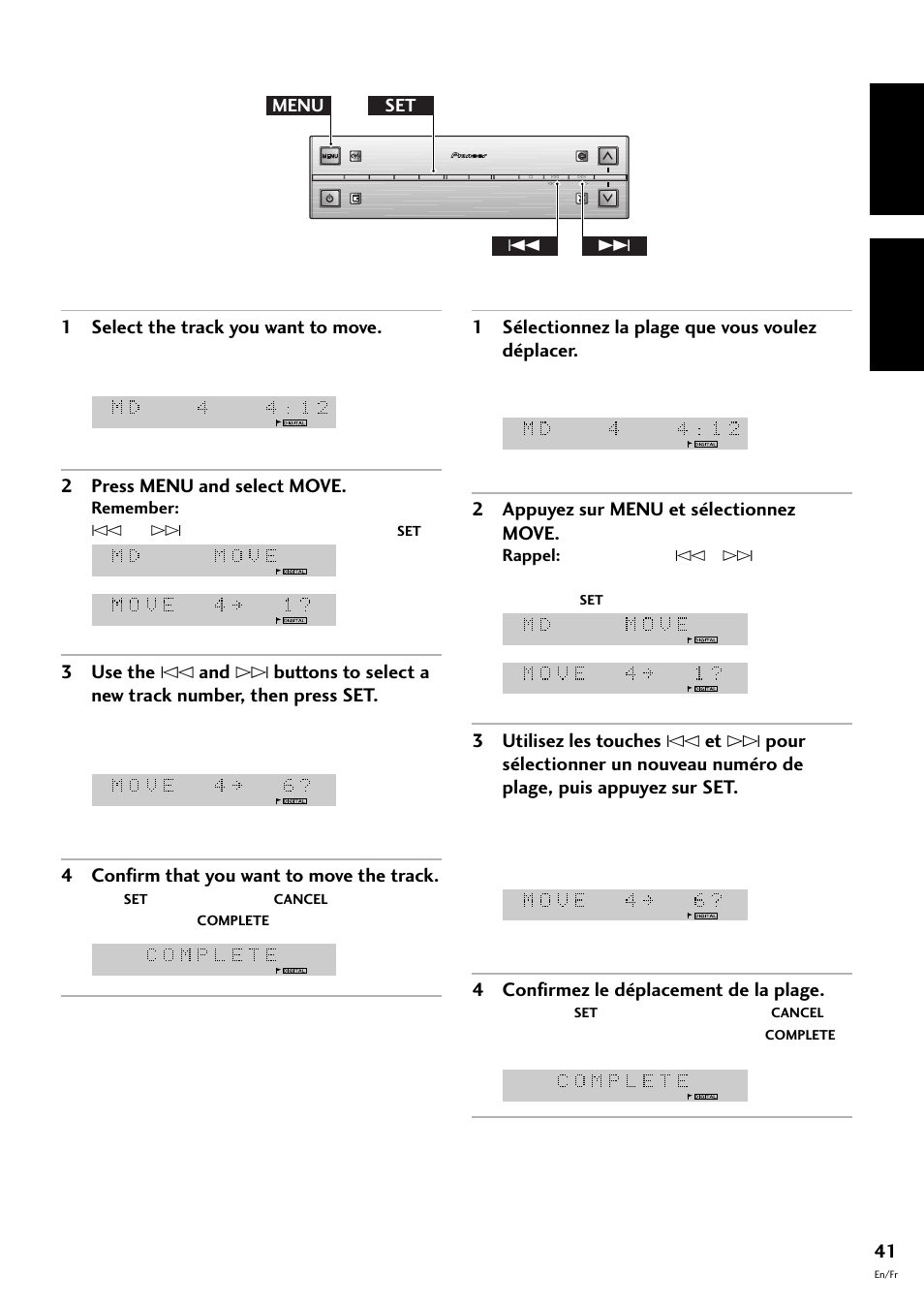 English français, 1 select the track you want to move, 2 press menu and select move | 4 confirm that you want to move the track, 1 sélectionnez la plage que vous voulez déplacer, 2 appuyez sur menu et sélectionnez move, 4 confirmez le déplacement de la plage, Menu set 4 | Pioneer MJ-L77 User Manual | Page 41 / 100