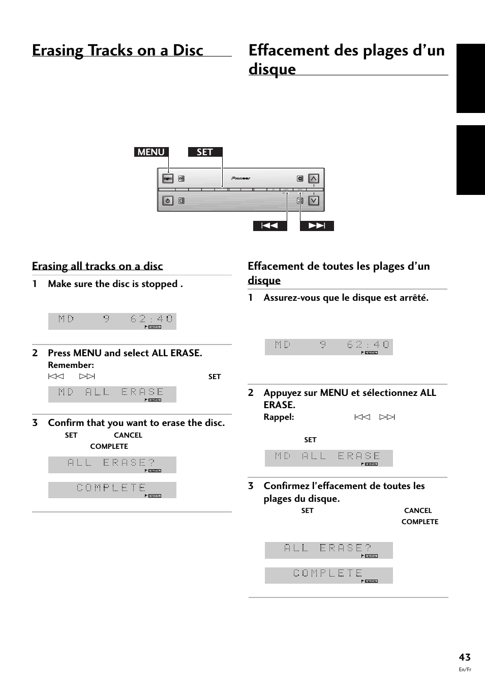 Erasing tracks on a disc, Effacement des plages d’un disque, English français | Erasing all tracks on a disc, Effacement de toutes les plages d’un disque, 1 make sure the disc is stopped, 2 press menu and select all erase, 3 confirm that you want to erase the disc, 1 assurez-vous que le disque est arrêté, 2 appuyez sur menu et sélectionnez all erase | Pioneer MJ-L77 User Manual | Page 43 / 100