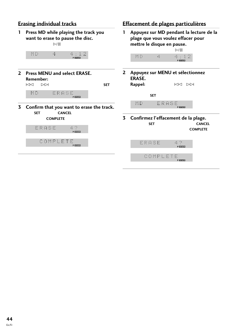 Erasing individual tracks, Effacement de plages particulières | Pioneer MJ-L77 User Manual | Page 44 / 100