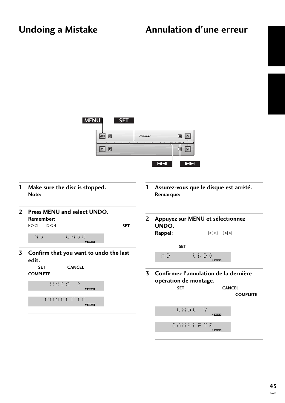 Undoing a mistake, Annulation d’une erreur, English français | 1 make sure the disc is stopped, 2 press menu and select undo, 3 confirm that you want to undo the last edit, 1 assurez-vous que le disque est arrêté, 2 appuyez sur menu et sélectionnez undo, Menu set 4 | Pioneer MJ-L77 User Manual | Page 45 / 100