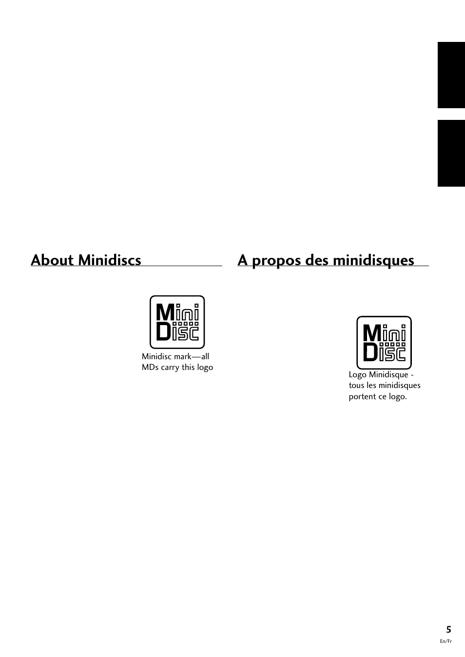 About minidiscs, A propos des minidisques, English français | Pioneer MJ-L77 User Manual | Page 5 / 100