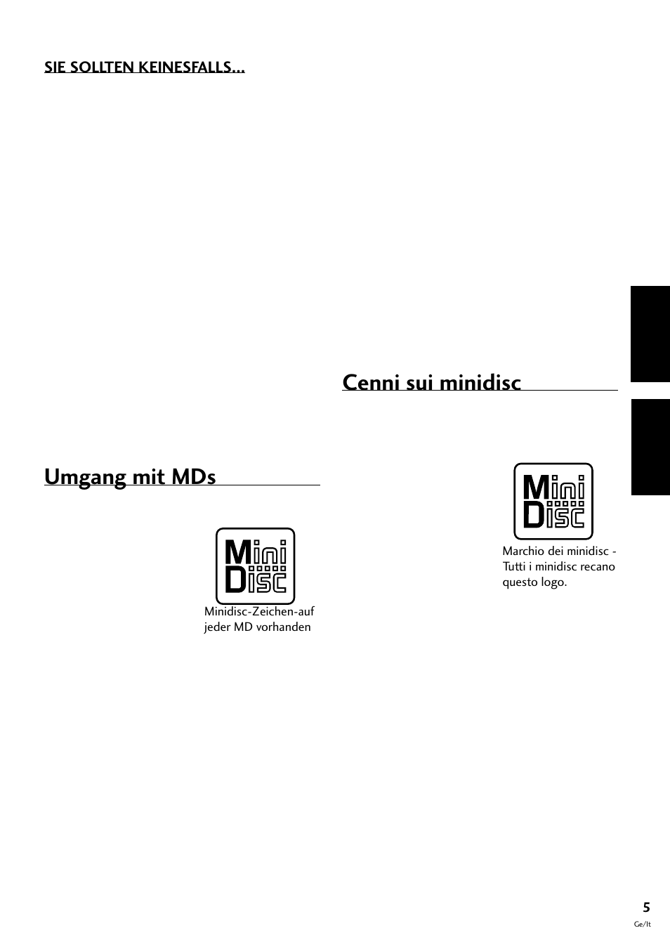 Umgang mit mds, Cenni sui minidisc, Deutsch italiano | Sie sollten keinesfalls | Pioneer MJ-L77 User Manual | Page 53 / 100