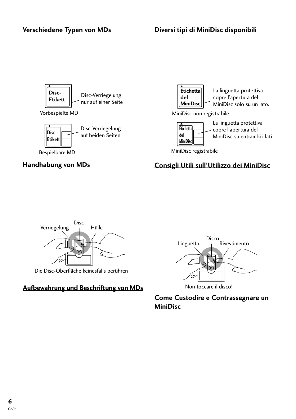 Verschiedene typen von mds, Handhabung von mds, Aufbewahrung und beschriftung von mds | Diversi tipi di minidisc disponibili, Consigli utili sull’utilizzo dei minidisc, Come custodire e contrassegnare un minidisc | Pioneer MJ-L77 User Manual | Page 54 / 100