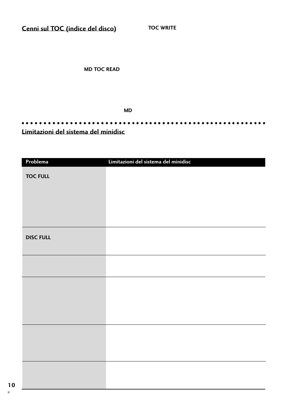 Cenni sul toc (indice del disco), Limitazioni del sistema del minidisc | Pioneer MJ-L77 User Manual | Page 58 / 100