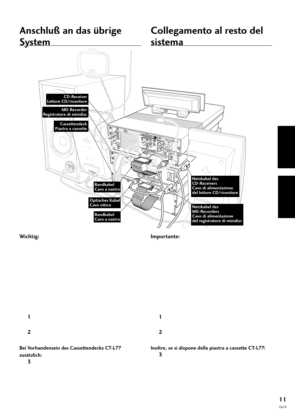Anschluß an das übrige system, Collegamento al resto del sistema, 2 connecting up | Deutsch italiano | Pioneer MJ-L77 User Manual | Page 59 / 100